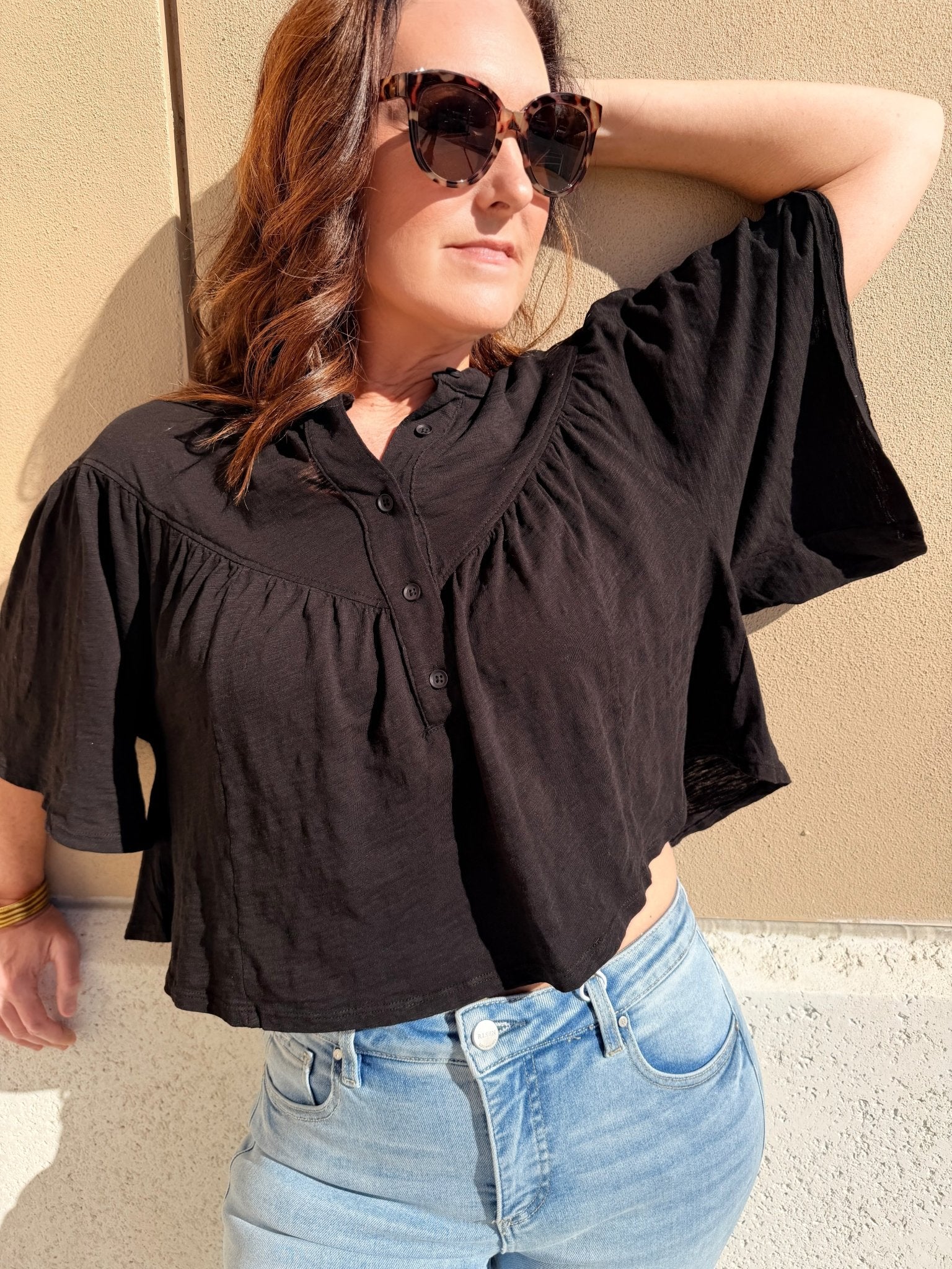 Bobi Los Angeles V Yoke Henley Blouse Black - Fleur - De - Lis Boutique