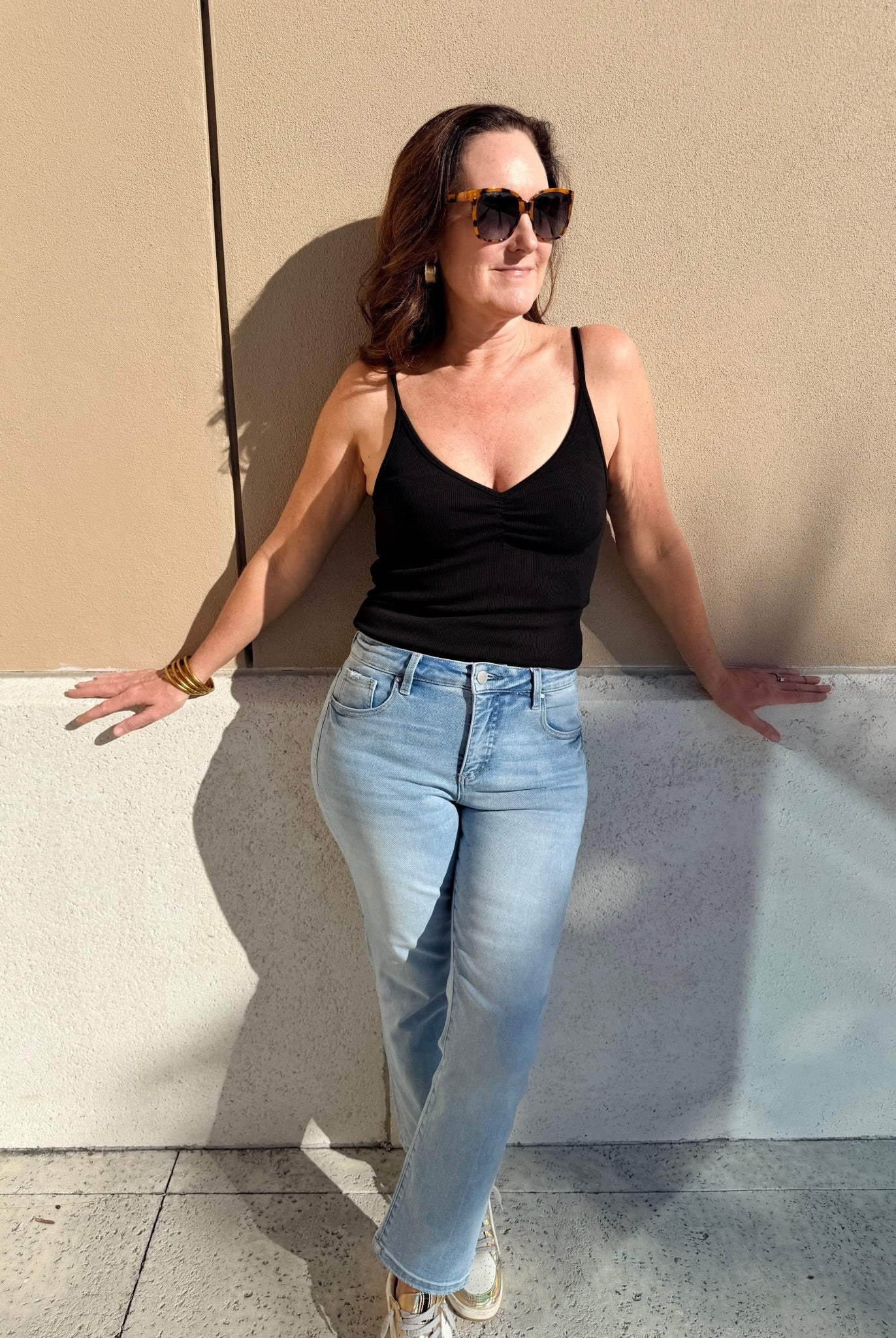 Bobi Los Angeles Shirred Front Cami Black - Fleur - De - Lis Boutique