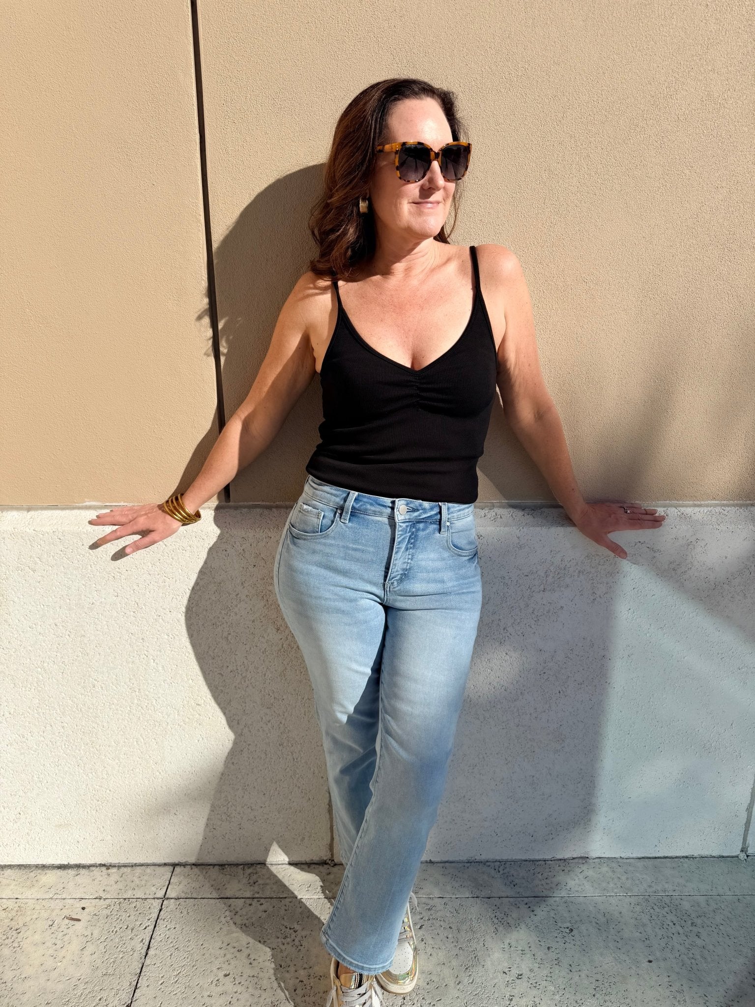 Bobi Los Angeles Shirred Front Cami Black - Fleur - De - Lis Boutique