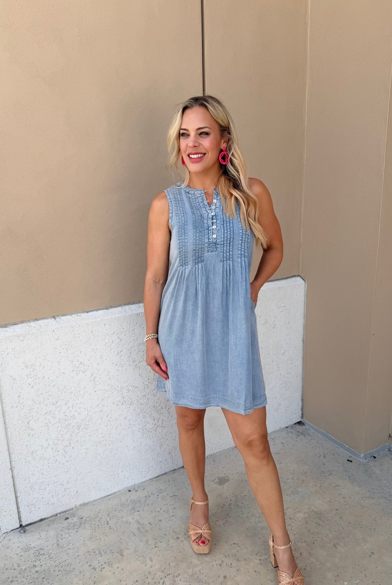 THML Sleeveless Chambray Mini Dress - Fleur - De - Lis Boutique