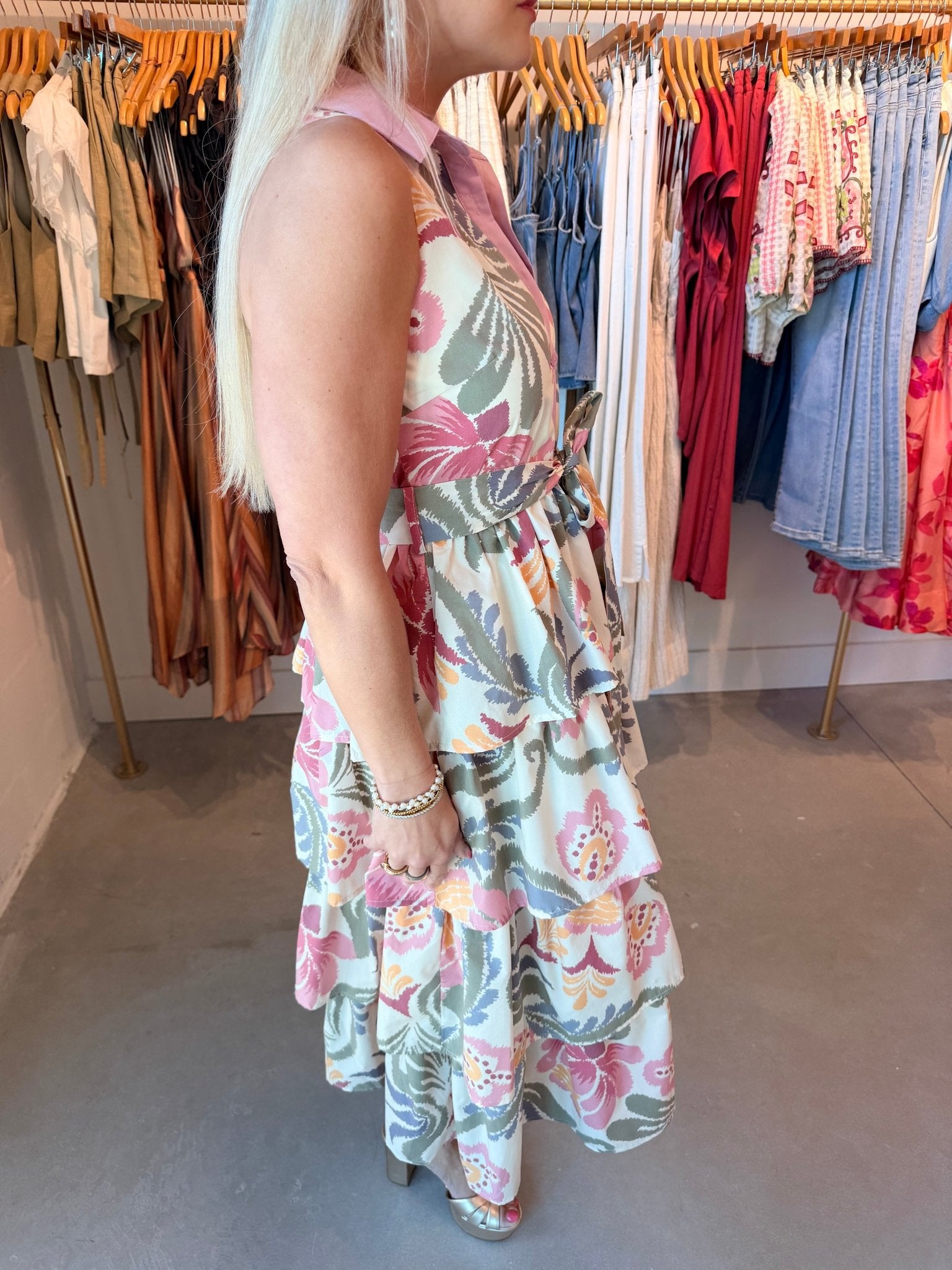 TCEC Printed Sleeveless Tiered Dress - Fleur - De - Lis Boutique