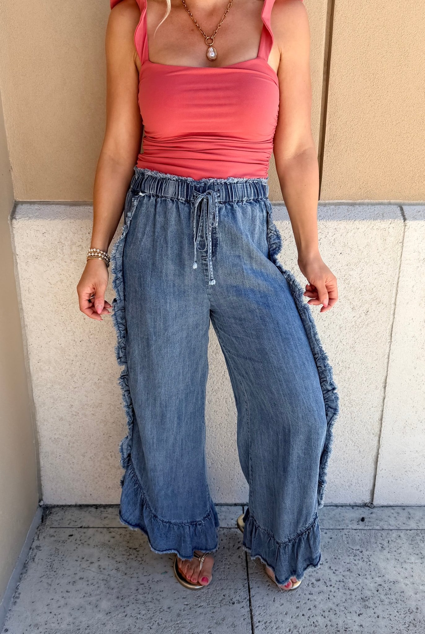 Vine & Love Flared Ruffle Hem Washed Chambray Crop Denim Pants - Fleur - De - Lis Boutique