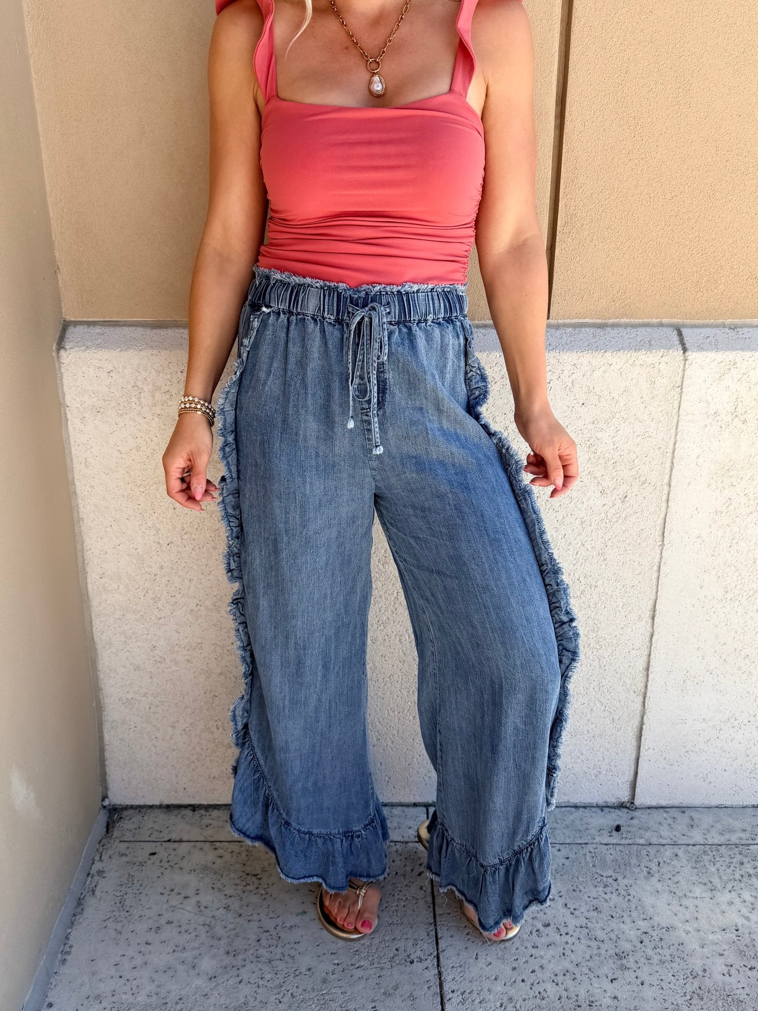 Vine & Love Flared Ruffle Hem Washed Chambray Crop Denim Pants - Fleur - De - Lis Boutique