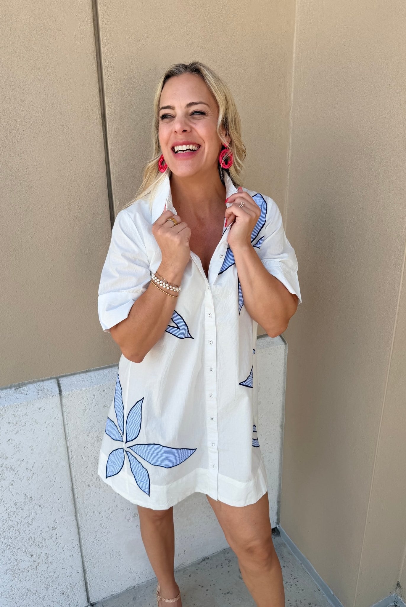 THML Short Sleeve Button Down Embroidered Dress - Fleur - De - Lis Boutique