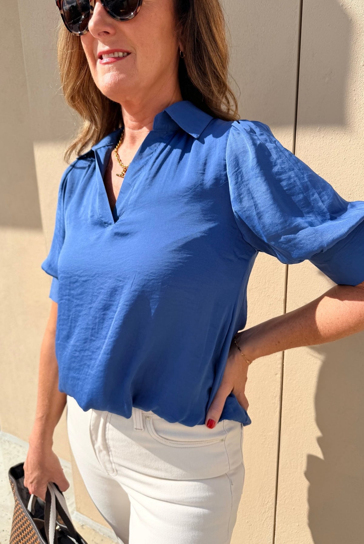 The Luxe Blouson Blouse- Clearwater blue - Fleur-De-Lis Boutique