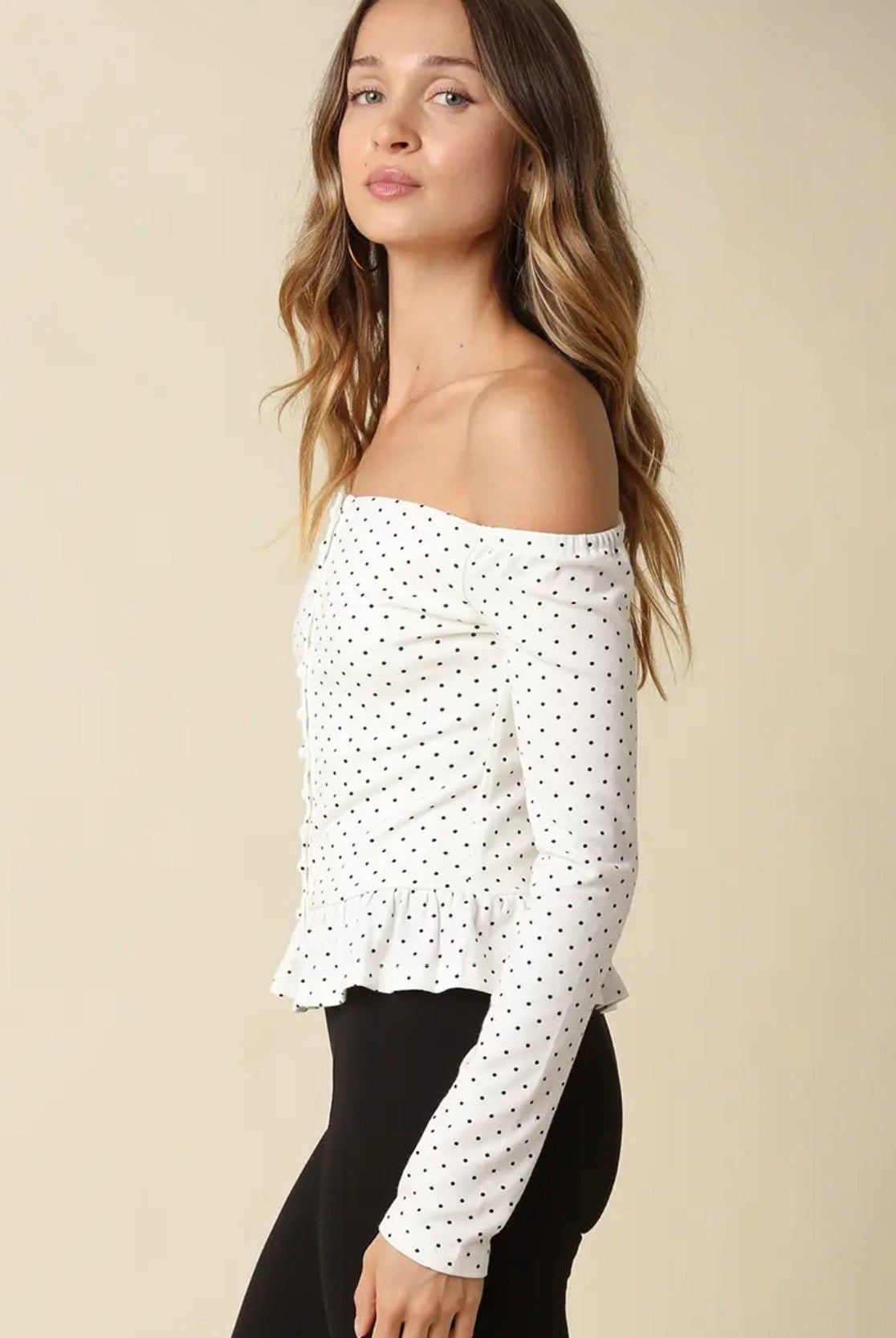 Olivaceous Brenda Polka Dot Off the Shoulder Top - Fleur-De-Lis Boutique