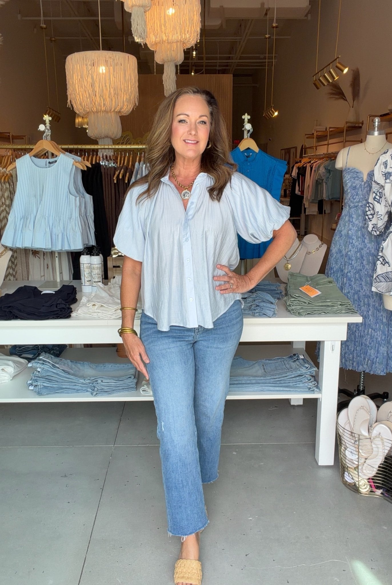 Bishop & Young Anise Bubble Sleeve Top Azure - Fleur - De - Lis Boutique