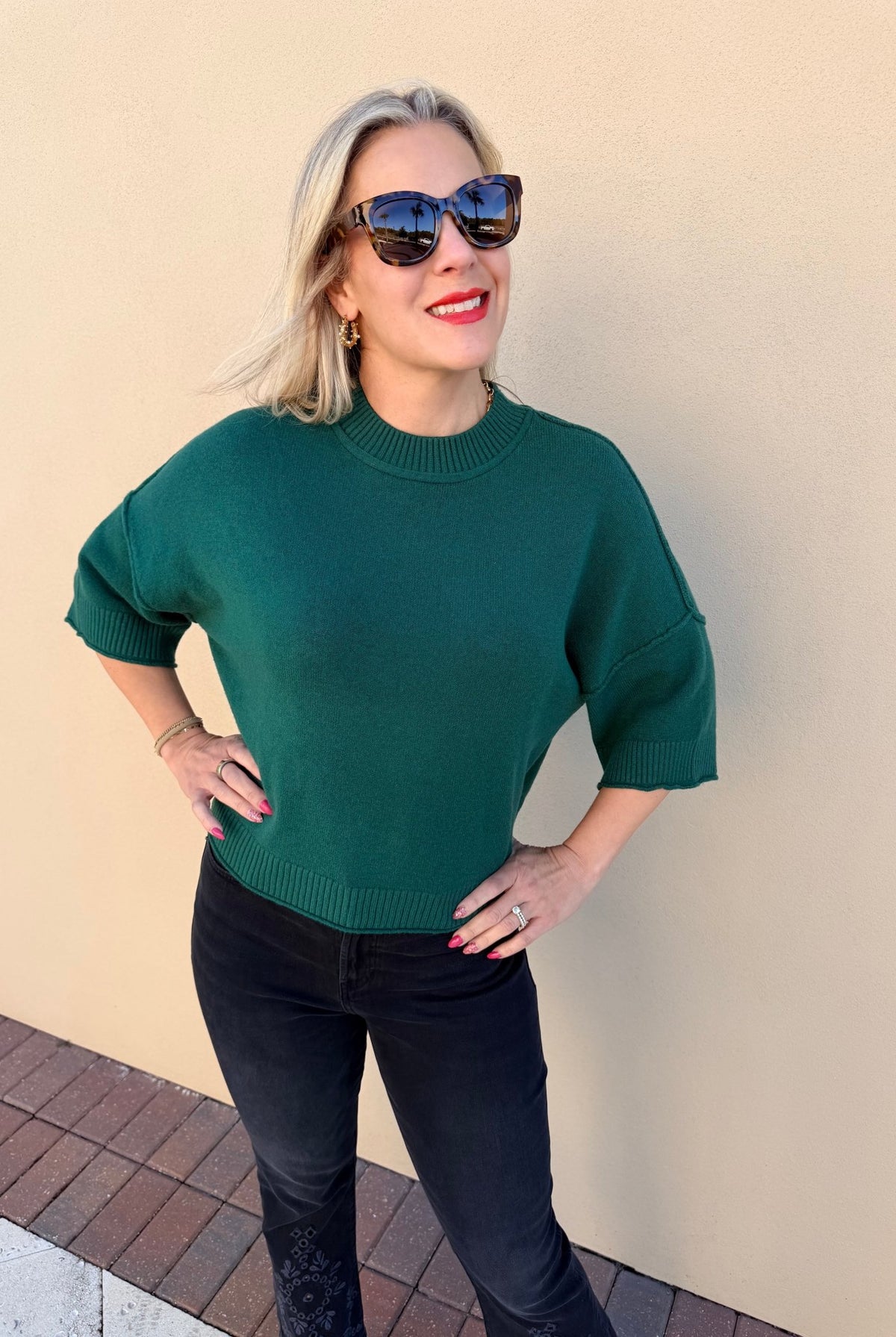 Pinch Soft Short Sleeve Sweater Deep Green - Fleur-De-Lis Boutique