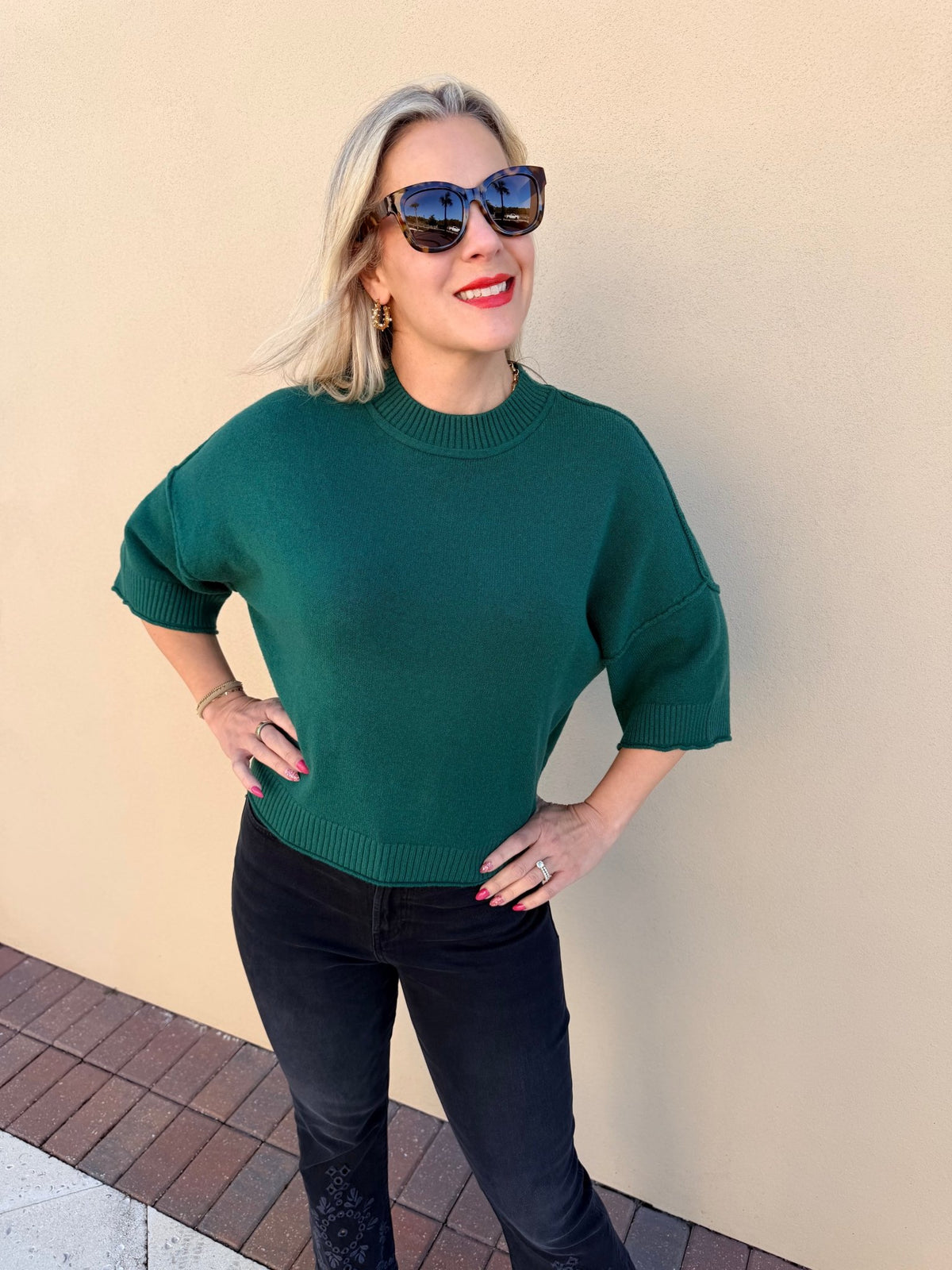 Pinch Soft Short Sleeve Sweater Deep Green - Fleur-De-Lis Boutique