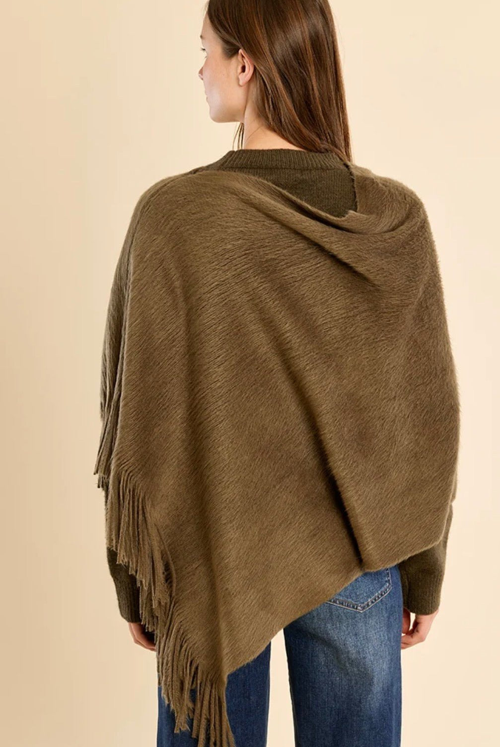 Fringe Knitted Poncho Olive - Fleur-De-Lis Boutique
