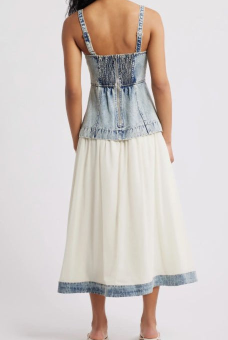 Mixed Media Washed Denim Sleeveless Midi - Fleur - De - Lis Boutique