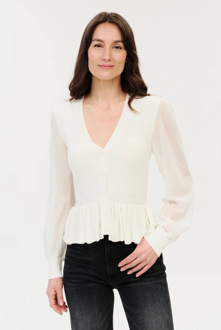 Six Fifty Alexandra Peplum White Sweater Chiffon Sleeve - Fleur-De-Lis Boutique