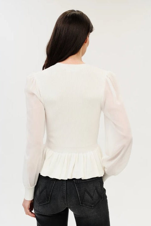 Six Fifty Alexandra Peplum White Sweater Chiffon Sleeve - Fleur-De-Lis Boutique