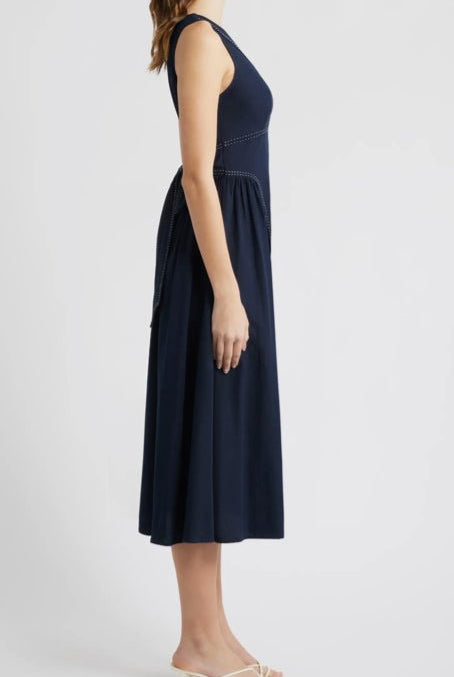 Moon River Tie Back Contrast Stitch Midi Dress - Fleur - De - Lis Boutique