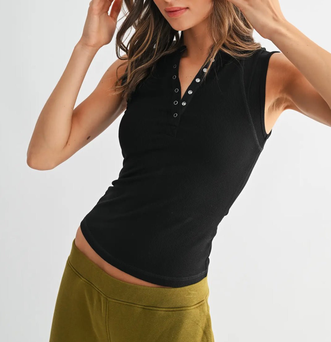 Essential Micro Ribbed Henley Tank Black - Fleur - De - Lis Boutique