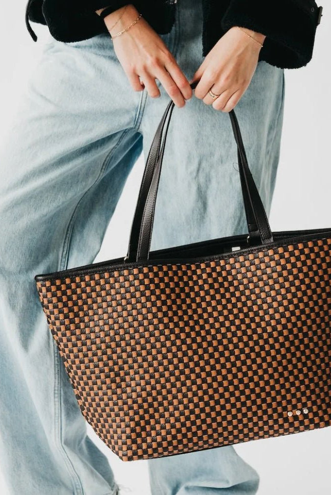 Pretty Simple Woven Tiffany Organizer Tote Checkered Coffee - Fleur-De-Lis Boutique