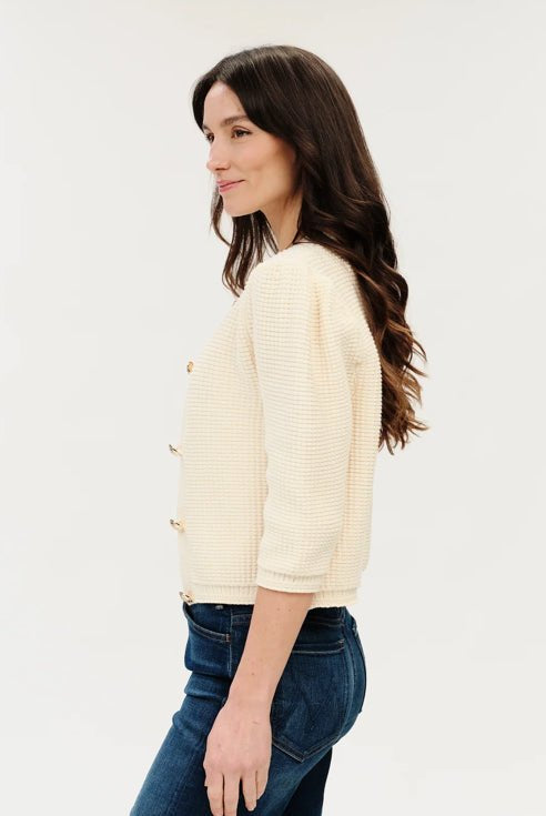 Lou Short Sleeve Puffed Shoulder Waffle Cardigan - Fleur-De-Lis Boutique