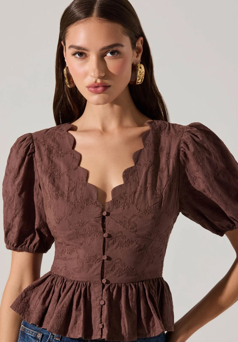 Astr Arely Scalloped V - Neck Peplum Top - Fleur - De - Lis Boutique