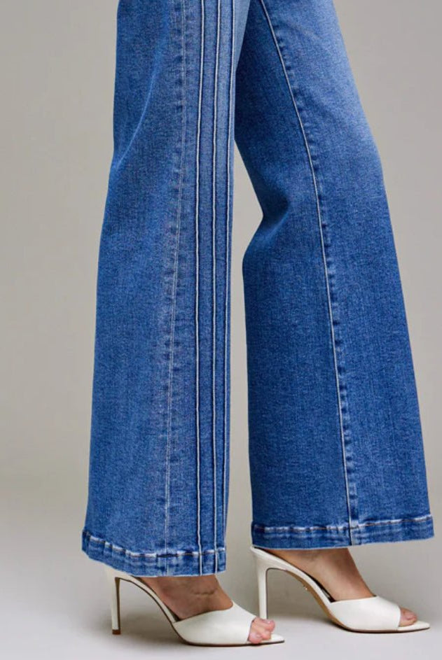 Hidden Pintuck Mid Rise Comfort Flare Dark Wash - Fleur - De - Lis Boutique