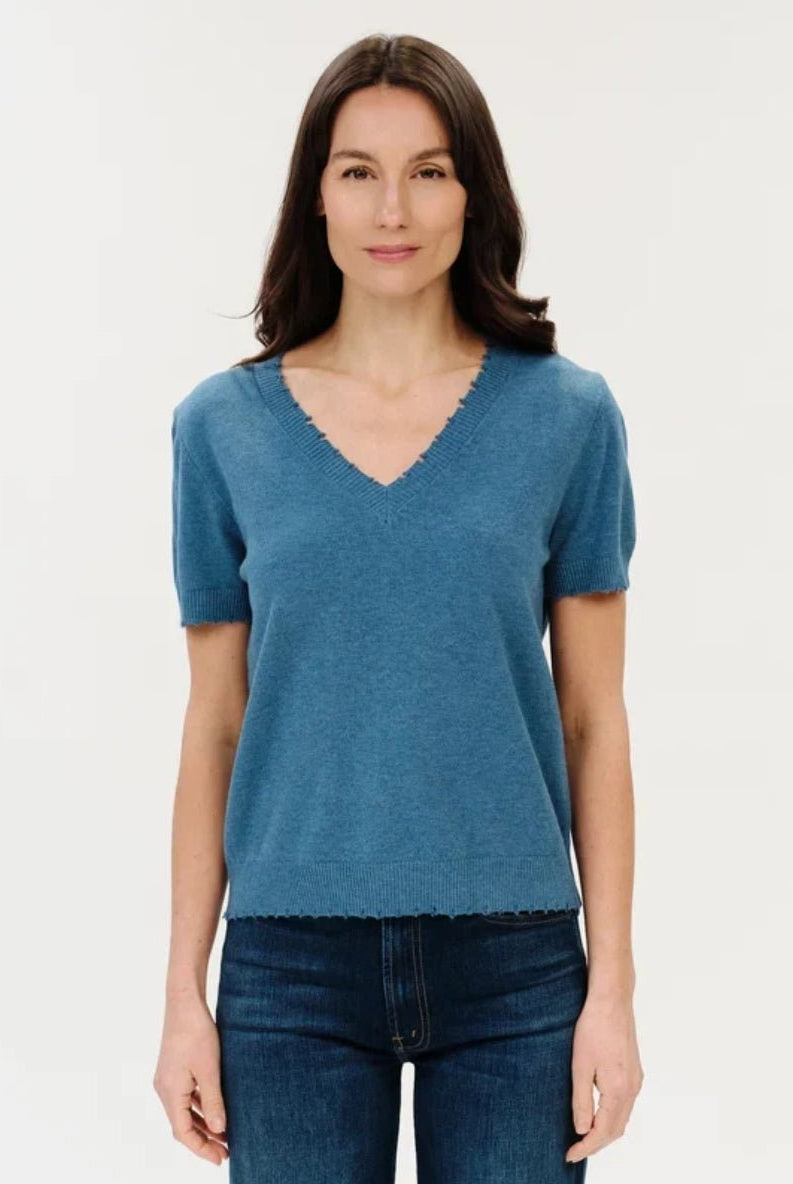 Six Fifty Gemma V Neck Sweater Heather Denim - Fleur-De-Lis Boutique