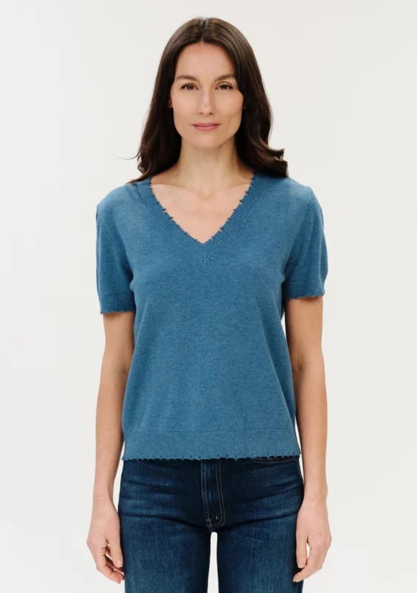 Six Fifty Gemma V Neck Sweater Heather Denim - Fleur-De-Lis Boutique