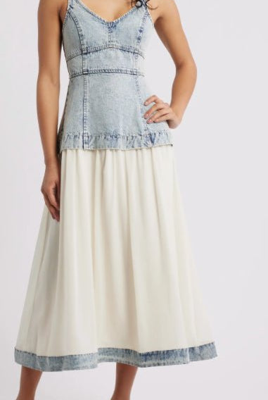 Mixed Media Washed Denim Sleeveless Midi - Fleur - De - Lis Boutique