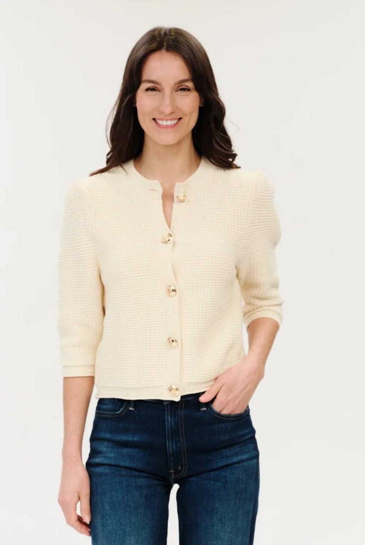 Lou Short Sleeve Puffed Shoulder Waffle Cardigan - Fleur-De-Lis Boutique
