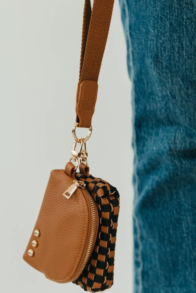 Wonderlust Woven Dual Pouch Wristlet Coffee Checkered - Fleur-De-Lis Boutique