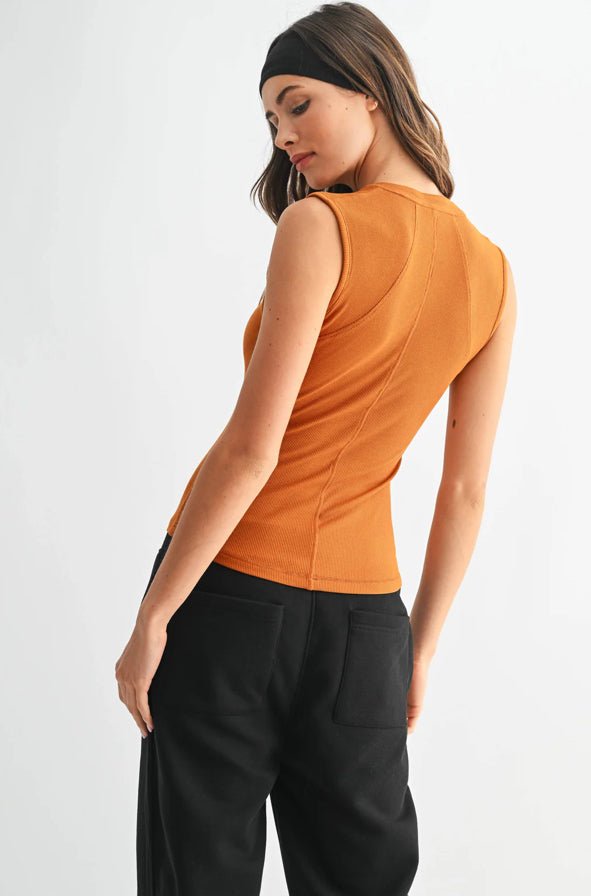 Essential Micro Ribbed Henley Tank Burnt Amber - Fleur - De - Lis Boutique