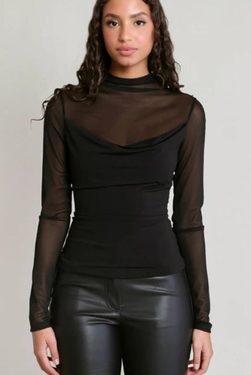 Dex Sheer Cowl Top Black - Fleur-De-Lis Boutique