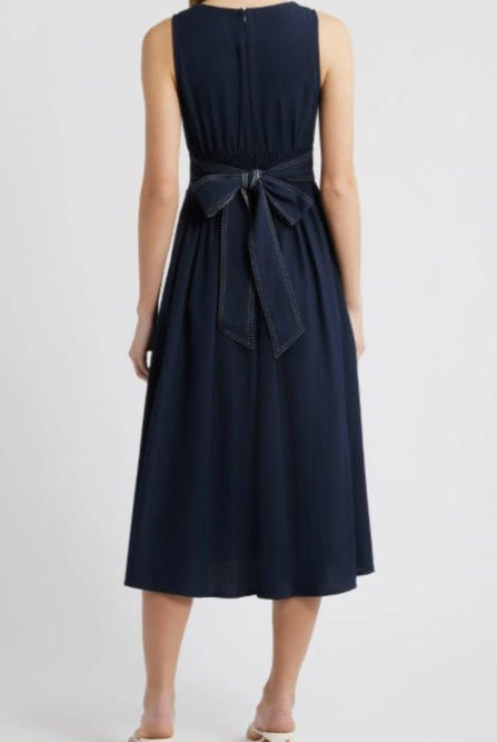 Moon River Tie Back Contrast Stitch Midi Dress - Fleur - De - Lis Boutique
