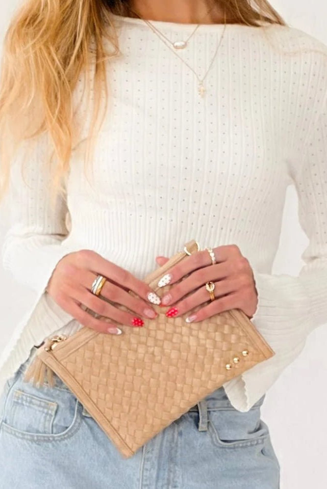 Veda Woven Crossbody and Clutch Taupe - Fleur-De-Lis Boutique