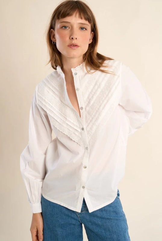 Molly Bracken white button down with lace detail