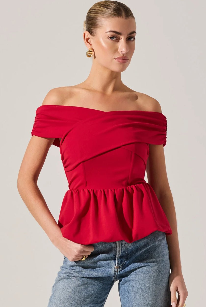 Astr Tennille Off Shoulder Peplum Top Red - Fleur - De - Lis Boutique