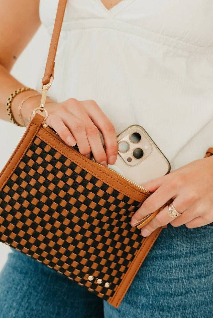 Veda Woven Crossbody and Clutch Checkered Coffee - Fleur-De-Lis Boutique