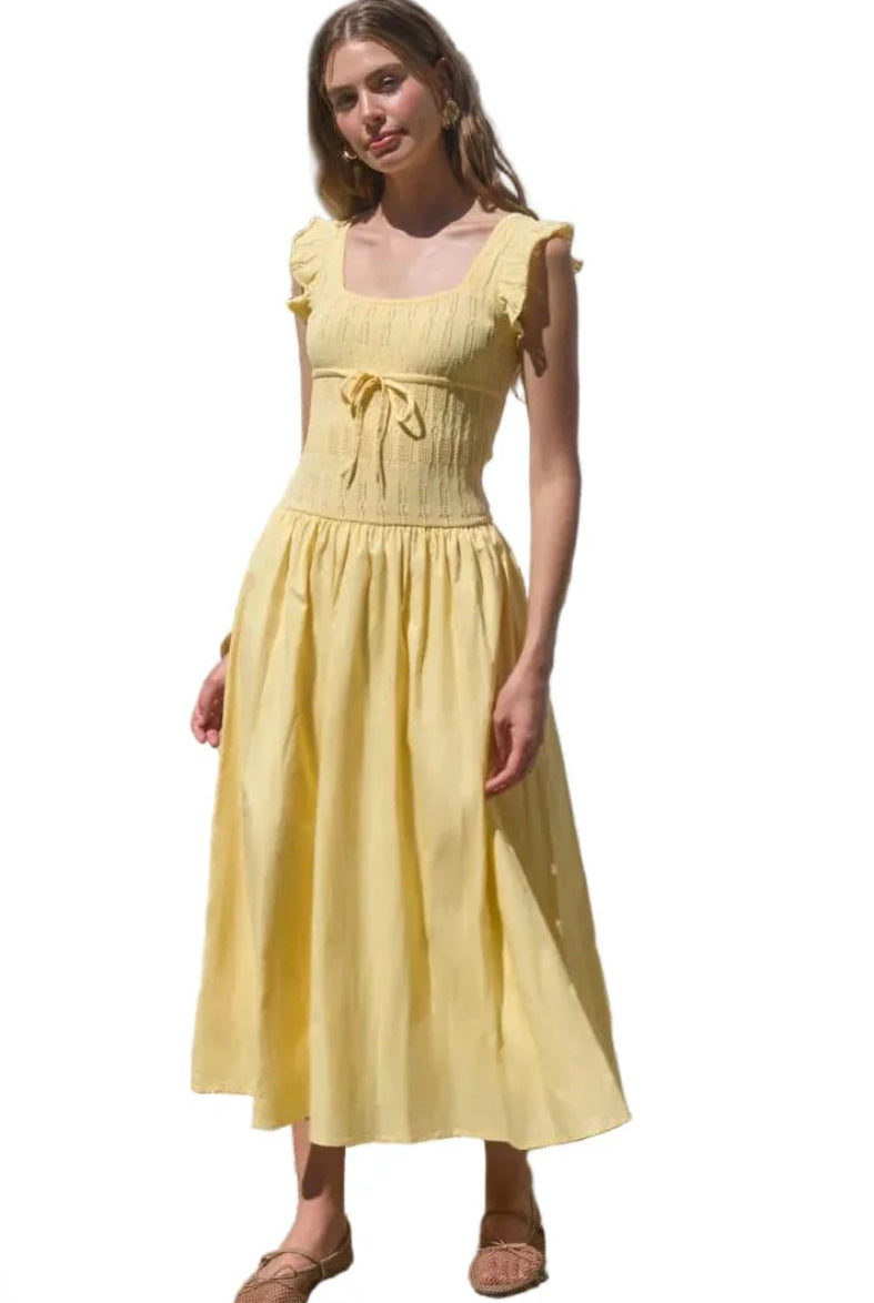 Moon River Square Neck Butter Yellow Midi Dress - Fleur - De - Lis Boutique