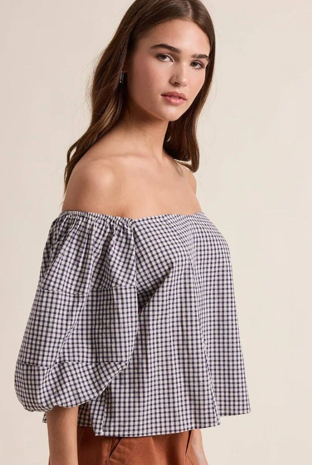 Off the Shoulder Gingham Top Navy/Cream - Fleur-De-Lis Boutique