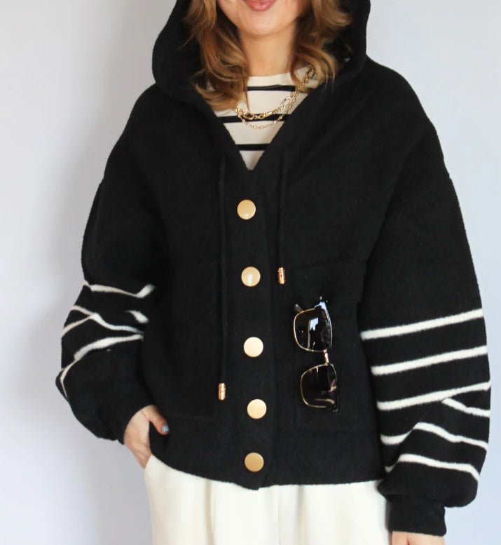 Oat Crop Knit Hoodie Stripe Sleeve - Fleur - De - Lis Boutique