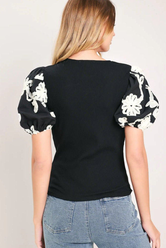 Black Puff Sleeve Embroidered Top - Fleur-De-Lis Boutique