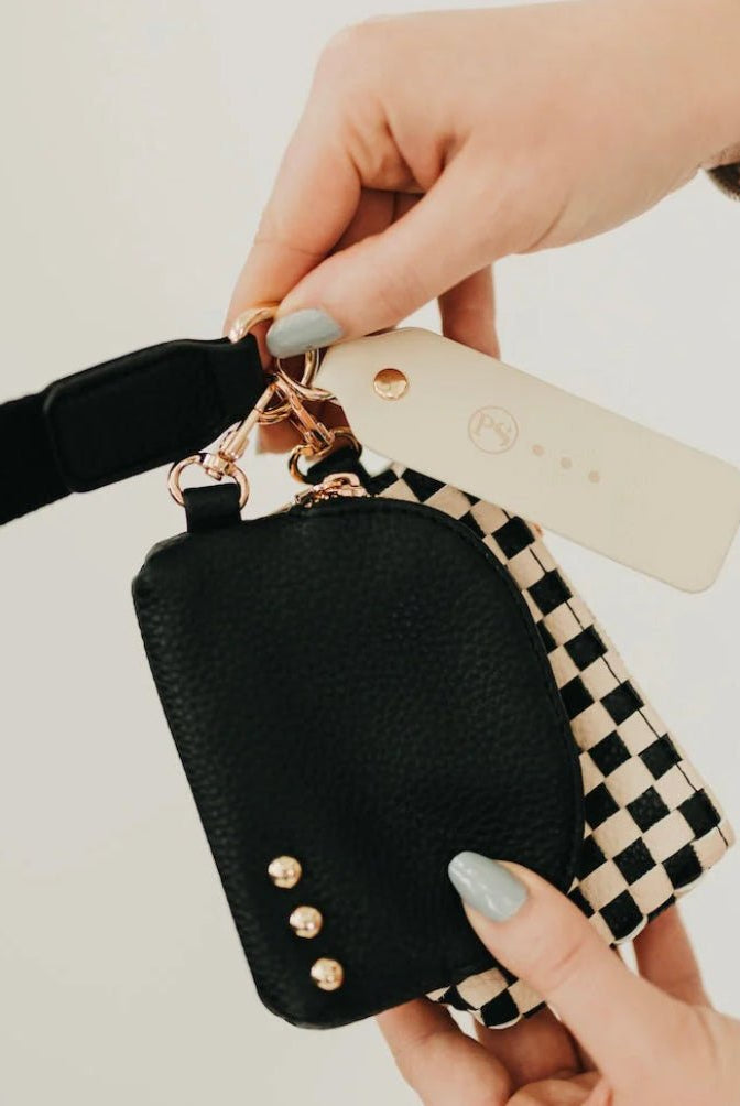 Wonderlust Woven Dual Pouch Wristlet Black Checkered - Fleur-De-Lis Boutique