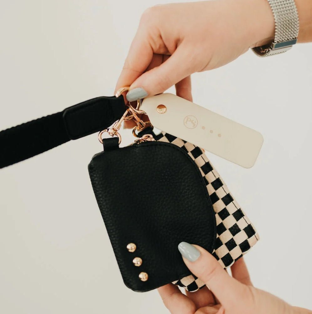 Wonderlust Woven Dual Pouch Wristlet Black Checkered - Fleur-De-Lis Boutique