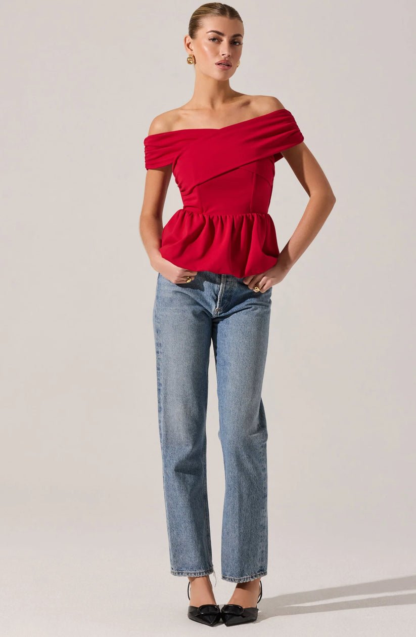 Astr Tennille Off Shoulder Peplum Top Red - Fleur - De - Lis Boutique