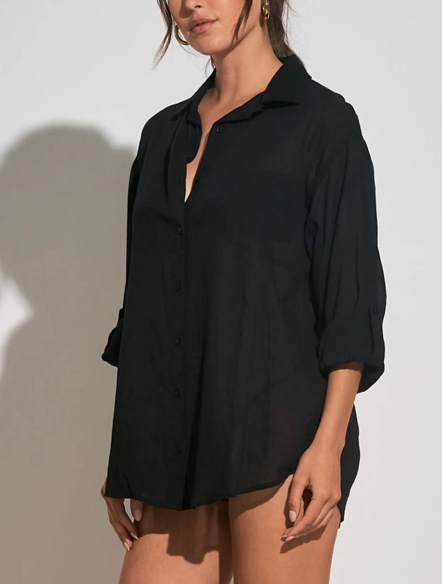Elan Traveler Button Down Cover Up Black - Fleur - De - Lis Boutique