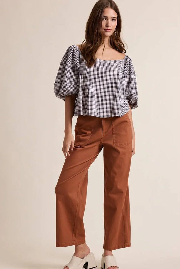 Off the Shoulder Gingham Top Navy/Cream - Fleur-De-Lis Boutique