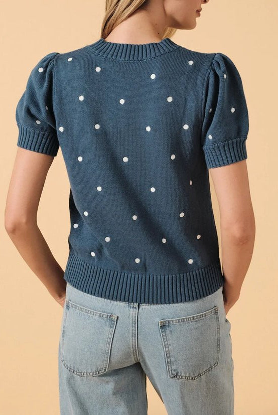 Round Neck Puff Short Sleeve Dot Sweater Dusty Blue - Fleur-De-Lis Boutique