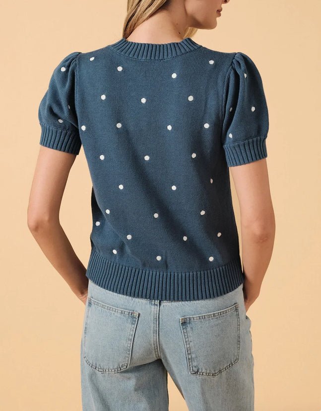 Round Neck Puff Short Sleeve Dot Sweater Dusty Blue - Fleur-De-Lis Boutique