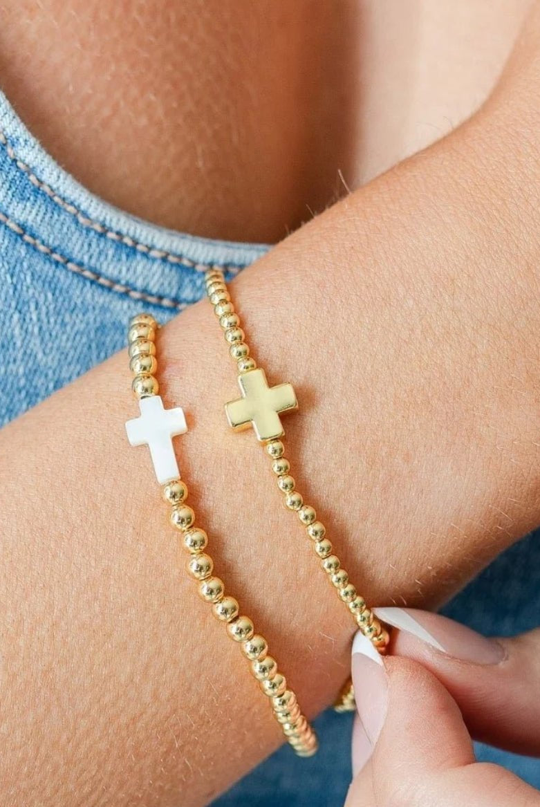 Single Gold Beaded Gold Cross Bracelet - Fleur-De-Lis Boutique