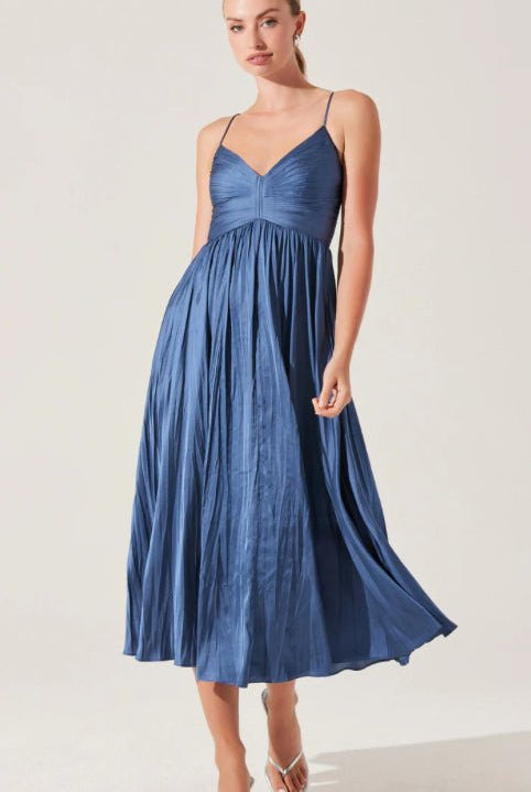 ASTR Maeve Pleated Dress Slate Blue - Fleur-De-Lis Boutique