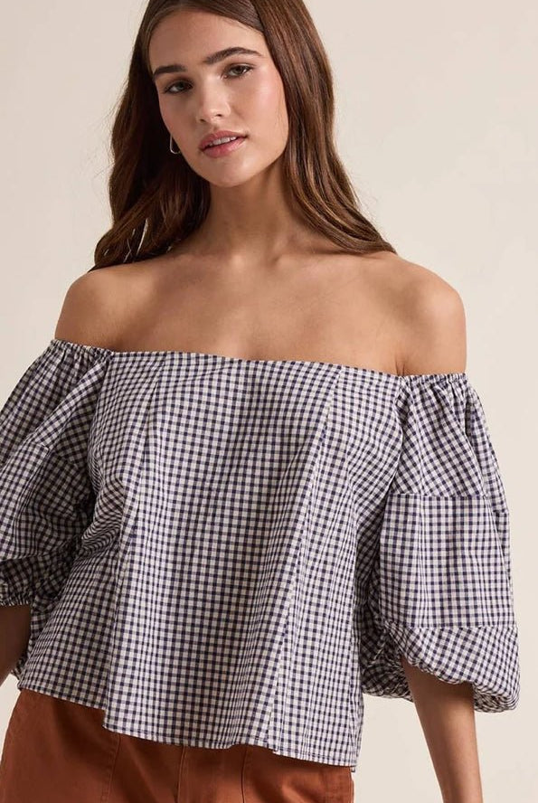 Off the Shoulder Gingham Top Navy/Cream - Fleur-De-Lis Boutique