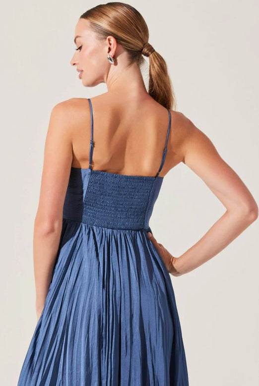 ASTR Maeve Pleated Dress Slate Blue - Fleur-De-Lis Boutique